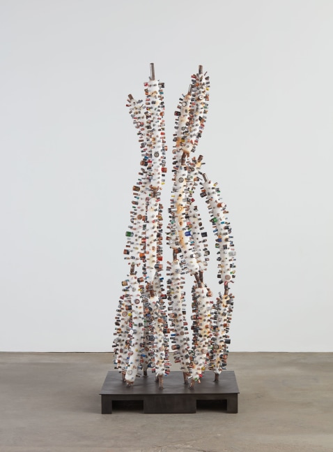 Evan Holloway Bones, 2017 plaster, steel, spent batteries 90 1/4 x 36 x 36 in. (229.2 x 91.4 x 91.4 cm)