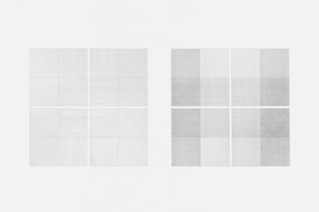 Sol LeWitt Wall Drawing #1: Drawing Series II 14 (A & B), 1968 black pencil each: 48 x 48 in. (121.9 x 121.9 cm) First drawn by: Sol LeWitt First installation: Paula Cooper Gallery, New York, NY, October, 1968