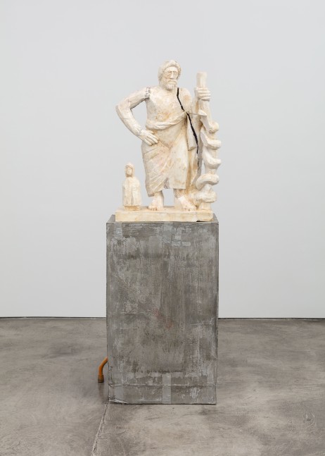 Justin Matherly Untitled (Fear, Anxiety and Joy), 2016 Modified gypsum, spray paint, acrylic paint, concrete, ambulatory equipment |figure: 38 1/2 x 19 x 16 in. (97.8 x 48.3 x 40.6 cm); base: 30 1/4 x 23 1/2 x 23 1/4 in. (76.8 x 59.7 x 59.1 cm); sculpture: 68 3/4 x 42 1/2 x 39 1/4 in. (174.6 x 108 x 99.7 cm).