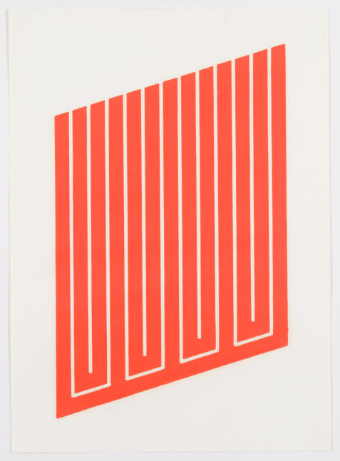 Donald Judd  Untitled (1-L), 1961-69  woodcut in cadmium red on cartridge paper  paper: 30 1/2 x 22 in. (77.5 x 55.9 cm)  frame: 32 1/2 x 24 x 1 5/8 in. (82.6 x 61 x 4.1 cm)  AP,  from an edition of 10 on cartridge paper and 10 on etching paper  Signed &amp; dated verso bottom: &quot;R.C.J, Don Judd, 1-L 0/10 61-69,  Artist's Proof - RCJ - 4/09&quot;