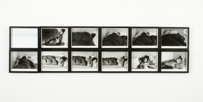 Sophie Calle
The Sleepers (Gennie Michelet, thirteenth sleeper), 1980
11 black and white photographs, 1 text
each: 6 x 7 7/8 in. (15.2 x 20 cm)
overall: 12 x 47 1/4 in. (30.5 x 120 cm)
Edition 1 of 3 English