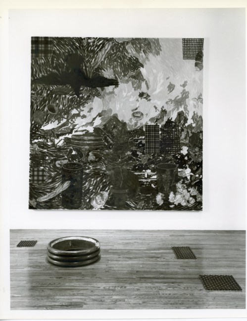 Jennifer Bartlett &quot;Beaver: Man Carrying Thing&quot; 1989 Painting: Oil on canvas 108&quot; x 108&quot; Grids: Welded and rolled steel 5/8&quot; x 9 1/2&quot; x 17 1/2&quot; Rings: Welded and rolled steel stacked 7&quot; x 26&quot; diameter