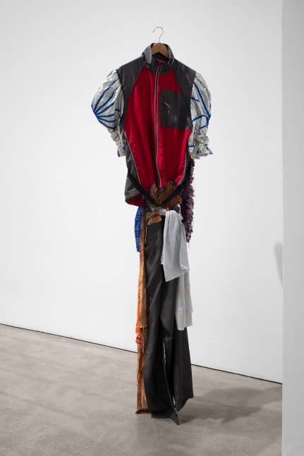 Eric N. Mack Performance (suit), 2019 assorted garments, thread, pins 80 x 25 x 12 in. (203.2 x 63.5 x 30.5 cm)