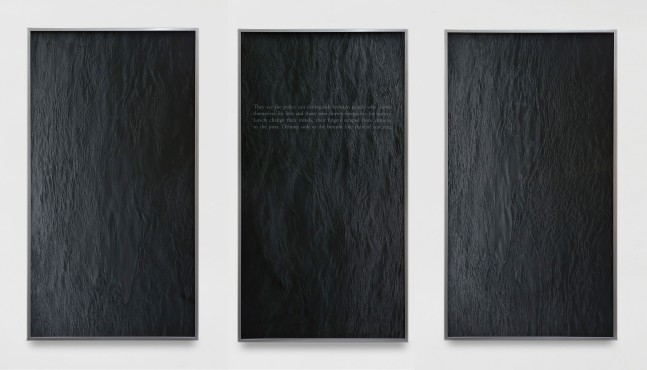 Sophie Calle Suicide, 2014 Three black and white framed color ink jet prints, with text, one frame with sandblasted glass  framed each: 44 1/8 x 24 1/2 x 1 3/4 in. (112.1 x 62.2 x 4.4 cm) overall: 44 1/8 x 78 x 1 3/4 in. (112.1 x 198.1 x 4.4 cm) Edition 3 of 3, 1 AP English version