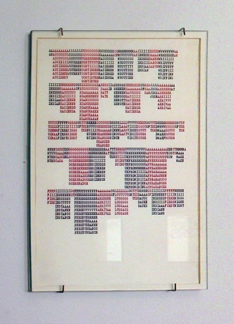 Carl Andre &quot;AAAAAAAAJJJJJJJHHHHHHHHO OMMMMMMMMAAIIIIIIDDDDDW WWWWWWWAA YUCATAN&quot; 1972 Color photocopy on typewriter paper 11 x 8 in.