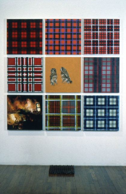 Jennifer Bartlett &quot;Large Red Man Reading&quot; 1989 Paintings: Oil on nine canvases 66&quot; x 66&quot; overall Grids: stacked welded woven steel mesh 1 3/4&quot; x 14&quot; x 14&quot;