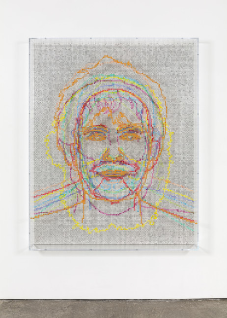 Charles Gaines Faces 1: Identity Politics, #9, Luce Irigaray, 2018 acrylic sheet, acrylic paint, lacquer, wood 74 x 59 1/8 x 5 3/4 in. (188 x 150.2 x 14.6 cm)