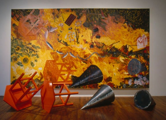 Jennifer Bartlett &quot;Spiral: An Ordinary Evening in New Haven&quot; 1989 Painting: Oil on canvas 108&quot; x 192&quot; Tables: Painted wood 30 1/2&quot; x 32&quot; x 35&quot; painted wood steel base 39 1/2&quot; x 41&quot; x 35&quot; Cones: Break formed hot rolled welded steel 20&quot; x 30 1/4&quot; x 21&quot; 22&quot; x 42 1/2&quot; x 23&quot;