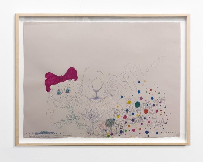 Kelley Walker 
[bunny and flower] smile, 11/15/2023
mixed media on paper
paper: 22 x 30 in. (55.9 x 76.2 cm)
frame: 25 1/8 x 33 in. (63.8 x 83.8 cm)
signed, dated and titled at bottom left