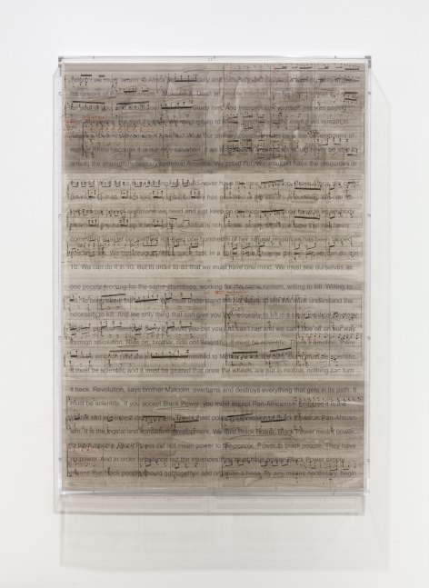 Charles Gaines Librettos: Manuel de Falla/Stokely Carmichael, #15, 2016 Printed ink stained paper and lightjet on acrylic 66 x 47 x 3 1/2 in. (167.6 x 119.4 x 8.9 cm)