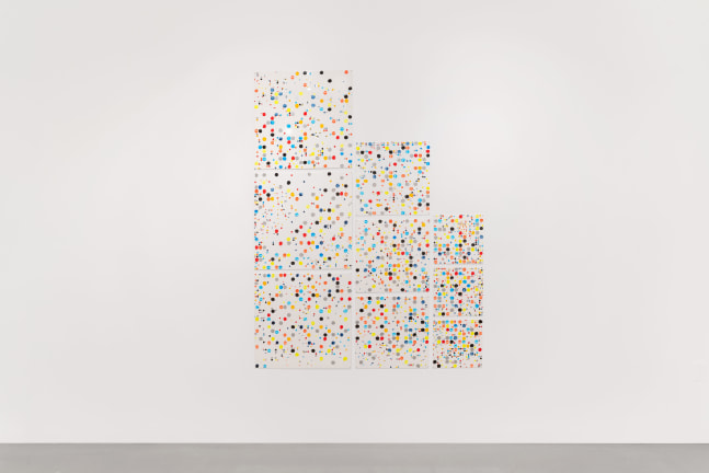 Jennifer Bartlett Large Medium Small Dots, 2011 enamel over silkscreen grid on baked enamel, steel plates 75 x 57 in. (190.5 x 144.8 cm)