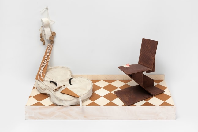 Claes Oldenburg &amp; Coosje van Bruggen Study for Resonances, after J. V., 2000 Canvas, cardboard, wood, paper, string, clay, metal, T-pins; painted with latex and watercolor, pencil 18 x 33 3/4 x 13 1/4 in. (45.7 x85.7 x 33.7 cm)