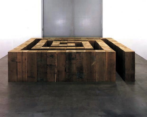 Carl Andre "War & Rumors of War" 2002 90 Australian hardwood timbers 2' 11 1/2" x 12'5 x 11'6"