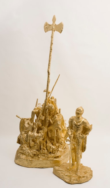 John Miller "Every Revolution" 2008 Imitation gold leaf on plastic weapons, cast plastic, plastic, papier mache on MDF bases knight: 42 x 22 x 22 in. weapons mound: 90 x 40 x 36 in.