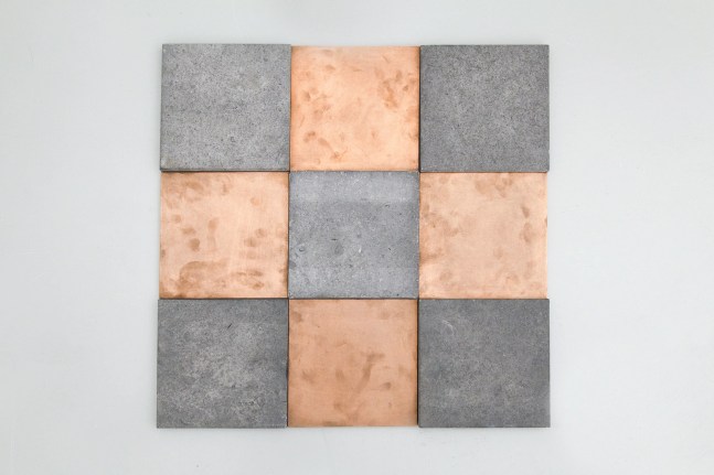 Carl Andre &quot;Copper Blue Odd Niner&quot; 1990 Copper and limestone overall: 7/8 x 23 3/4 x 23 3/4 in