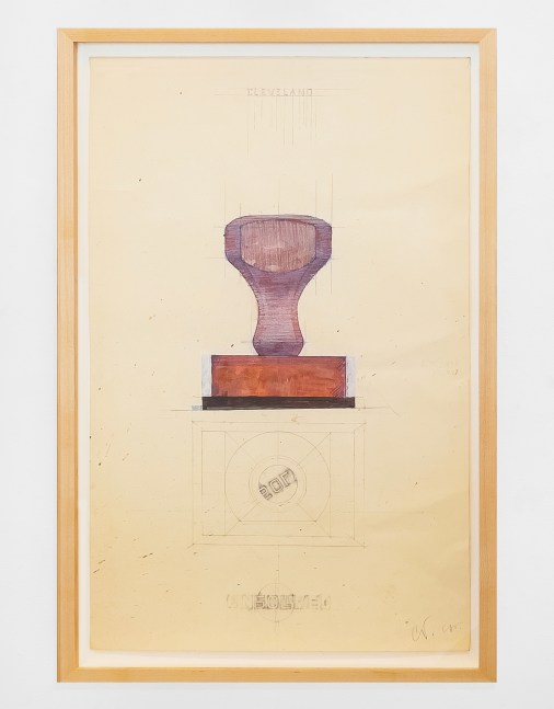 Claes Oldenburg &amp;amp; Coosje van Bruggen
Study for a Sculpture in the Form of a Stamp, for Cleveland, Ohio - &amp;quot;UNSOLVED&amp;quot;, c. 1983
pencil and watercolor on paper
23 1/2 x 15 in. (59.7 x 38.1 cm)
frame: 25 3/4 x 17 1/4 x 1 1/2 in. (65.4 x 43.8 x 3.8 cm)
signed lower right corner, recto: &amp;quot;CO, Cos&amp;quot;
&amp;copy; Claes Oldenburg and Coosje van Bruggen

클래스 올덴버그 &amp;amp; 코셰 반 브루겐
Study for a Sculpture in the Form of a Stamp, for Cleveland, Ohio - &amp;quot;UNSOLVED&amp;quot;, c. 1983
종이에 연필과 수채화
23 1/2 x 15인치(59.7 x 38.1cm)
프레임: 25 3/4 x 17 1/4 x 1 1/2인치(65.4 x 43.8 x 3.8cm)
signed lower right corner, recto: &amp;quot;CO, Cos&amp;quot;
&amp;copy; Claes Oldenburg and Coosje van Bruggen