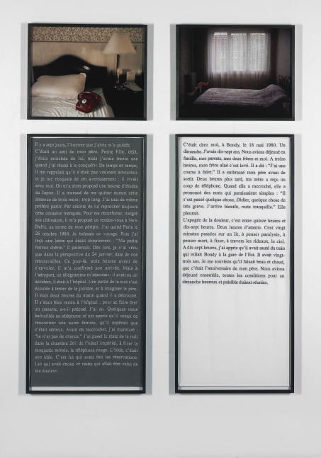 Sophie Calle "Exquisite Pain (Day 7)" 2000 2 embroidery text panels, 2 photo panels text: 51 1/8 x 23 5/8 in. photo" 18 7/8 x 23 7/8 in.