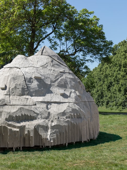 Justin Matherly Nietzsche's Rock, 2017 concrete, modified gypsum, ambulatory equipment, 138 x 276 x 118 in. (350.5 x 701 x 299.7 cm), Skulptur Projekte Münster, 2017 Photo: Henning Rogge
