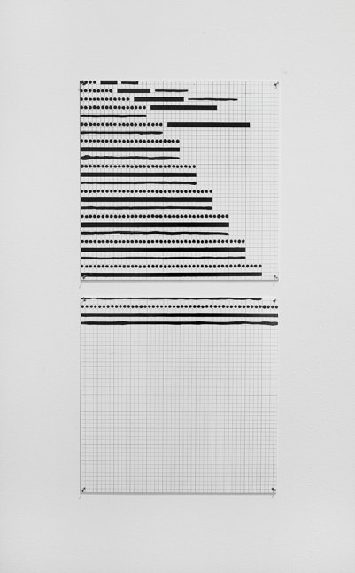 Jennifer Bartlett "1" - 12" Dotted, Ruled, Freehand Lines" 1975 Enamel over silkscreen grid on baked enamel, 2 steel plates overall: 25 x 12 in.