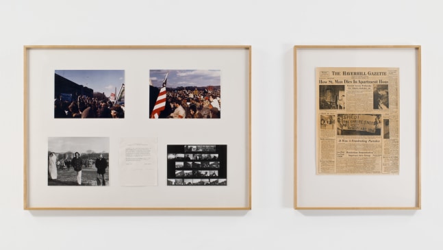 Douglas Huebler Location Piece #13 (Washington March), 1969 color and black & white photographs, c-print,  bond paper photographs, left panel: 37 x 51 1/4 in. (94 x 130.2 cm) newspaper, right panel: 37 x 28 3/4 in. (94 x 73 cm) 40.6 x 33 x 3.8 cm
