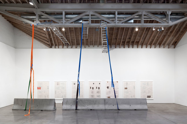 Matias Faldbakken Ladder Pull #2, 2014 concrete barriers, aluminum ladders, nylon ratchet straps, canvas and leather sling straps 312 x 381 x 221 in. (792.5 x 967.7 x 561.3 cm) 26 ft x 31 ft 9 in. x 18 ft 5 in. (792.5 x 967.7 x 561.3 cm)
