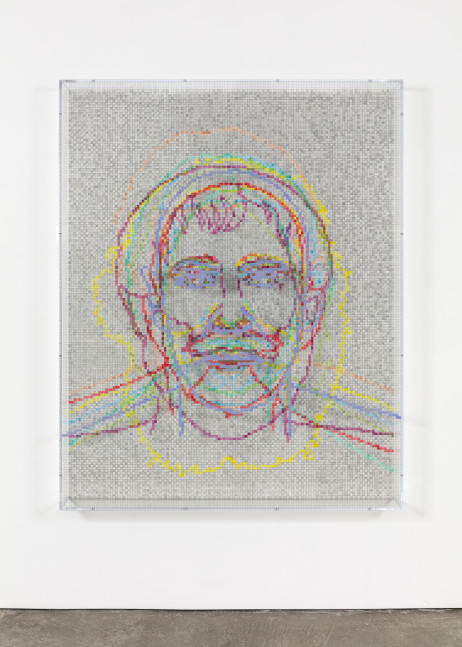 Charles Gaines Faces 1: Identity Politics, #8, Michel Foucault, 2018 acrylic sheet, acrylic paint, lacquer, wood 74 x 59 1/8 x 5 3/4 in. (188 x 150.2 x 14.6 cm)
