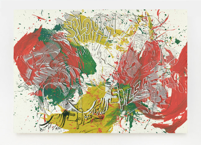 Christian Marclay Actions: Sploosh Splsh Splsh (No. 1), 2013 acrylic paint and silkscreen ink on Saunders Waterford White paper 38 3/4 x 53 x 2 in. (98.4 x 134.6 x 5.1 cm) frame: 34 3/4 x 51 3/4 x 1 7/8 in. (88.3 x 131.4 x 4.8 cm)