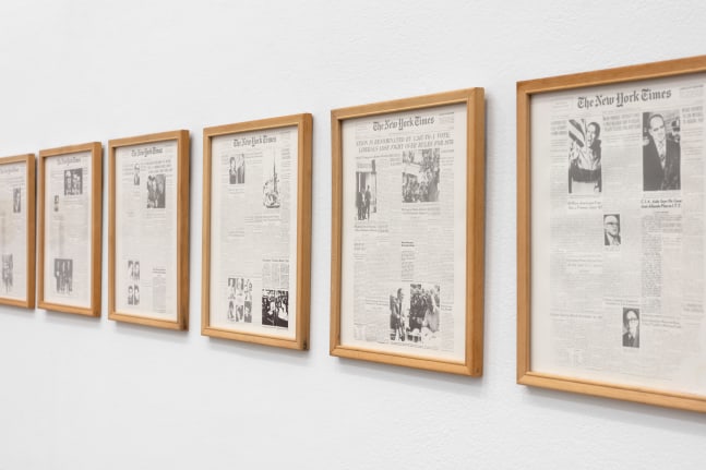 Detail view of Sarah Charlesworth's piece Historical Materialism: Chile Series (for O.L.), from 1976-1977. 25 photostat prints.