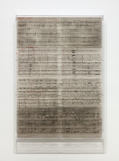 Charles Gaines Librettos: Manuel de Falla/Stokely Carmichael, #14, 2016 Printed ink stained paper and lightjet on acrylic 66 x 47 x 3 1/2 in. (167.6 x 119.4 x 8.9 cm
