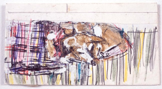 Michael Hurson "Lucy (portrait of my dog napping on the bed in Villa St. Marco)" 2001 Graphite, color pencil, ink and White-out on paper 2 x 3 3/4 in.