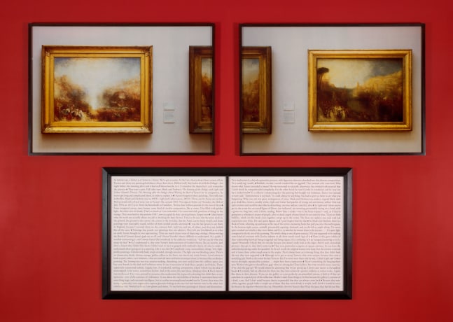 Sophie Calle Purloined (Turners), 1998-2013 ilfochrome color print (photograph) and lithographic print on BFK Rives paper (text), panels mounted on aluminum 2 framed photos @ 35 3/8 x 49 15/16 in. (89.9 x 126.8 cm) each framed text: 35 1/4 x 67 in. (89.6 x 170.1 cm) intro text: 5 13/16 x 8 3/8 in. (14.8 x 21.3 cm)