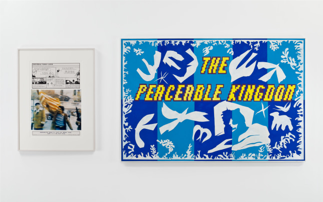 Douglas Huebler Variable Piece #70: 1971 (In Process) Global, Crocodile Tears: Peaceable Kingdom: Lloyd V (Matisse), 1988-90 acrylic and collage on board, photograph text left panel, text & photo: 41 x 31 in. (104.1 x 78.7 cm), matted image size: 30 3/8 x 20 3/4 in. (77.2 x 52.7 cm), right panel, painting: 48 3/4 x 73 in. (123.8 x 185.4 cm), overall: 48 3/4 x 112 in. (123.8 x 284.5 cm)