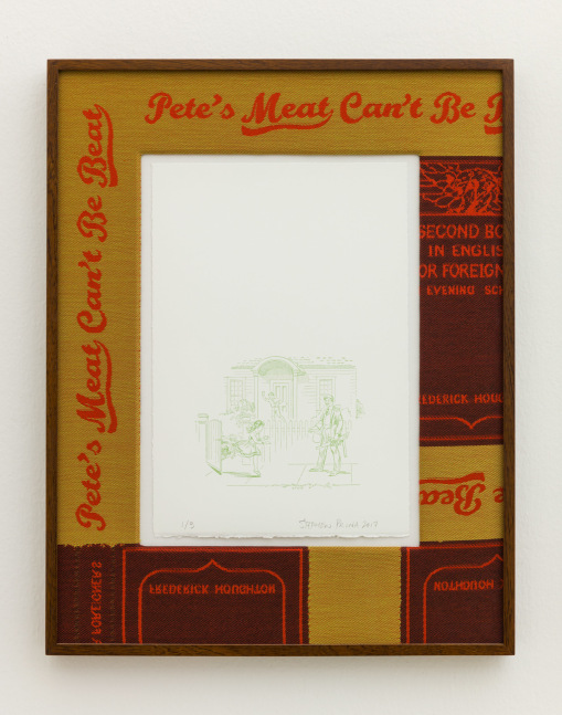 Stephen Prina
English for Foreigners: Book Illustrations, 2017
lithography on paper, textile covered matt, mahogany, glass
paper: 9 x 13 in. (22.9 x 33 cm)
frame: 15 3/4 x 20 1/4 in. (40 x 51.4 cm) Edition 1 of 3