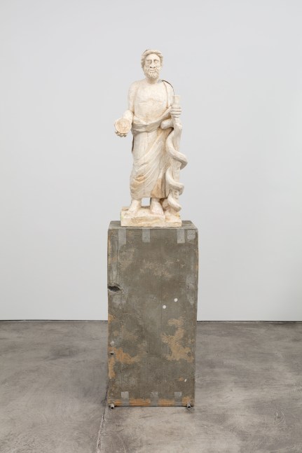 Justin Matherly Untitled (Fear, Anxiety and Joy), 2016 Modified gypsum, spray paint,acrylic paint, concrete, ambulatory equipment, aluminum paowder figure: 42 1/2 x 18 x 12 in. (108 x 45.7 x 30.5 cm); base: 45 1/2 x 22 x 17 1/2 in. (115.6 x 55.9 x 44.5 cm); sculpture: 88 x 40 x 29 1/2 in. (223.5 x 101.6 x 74.9 cm)