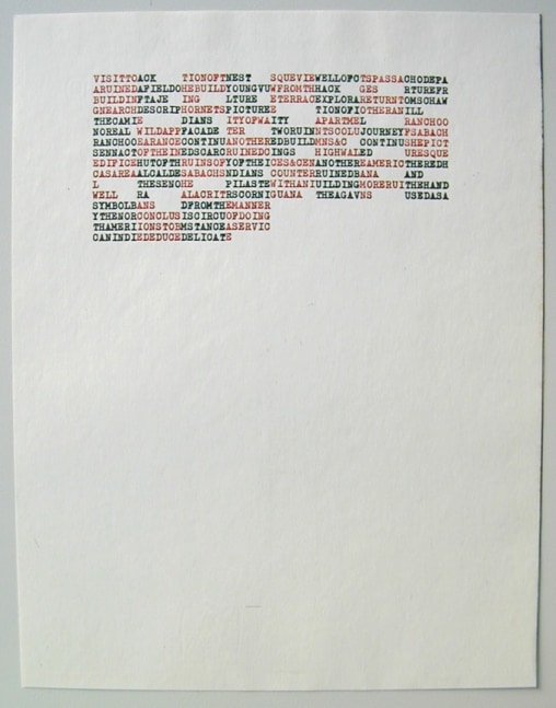 Carl Andre &quot;VISITTOACK TIONOFTNEST SQUEVIEWELLOFCTSPASSACH ODEPA YUCATAN&quot; 1972 Color photocopy on typewriter paper 11 x 8 in.