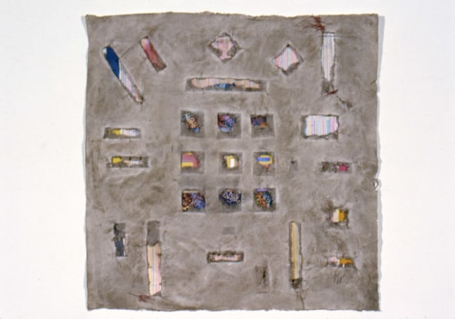 Alan Shields &quot;Down Right, Up Right&quot; 1984-87 Watercolor, colored pencil, block printing, thread, relief on handmade paper 23 1/2&quot; x 23 1/2&quot;