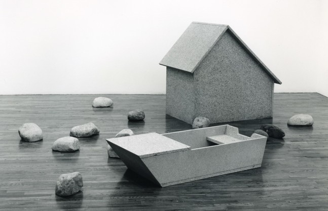 Jennifer Bartlett &quot;Stone House&quot; 1985 Stone House: granite 48&quot; x 36&quot; x 50&quot; Stone Boat: granite 14&quot; x 50&quot; x 36&quot; Stone Wall: 15 marble boulders