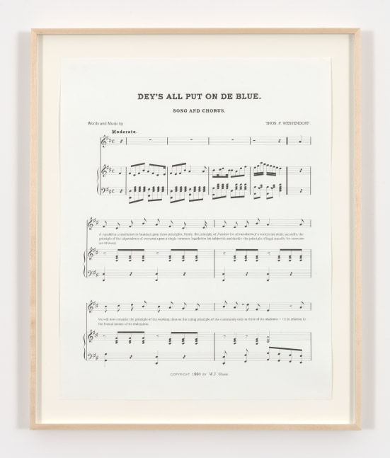 Charles Gaines Notes on Social Justice: Dey's All Put on De Blue, (1880), 2013 ink on 4 sheets of Strathmore Bristol 29 x 23 in. (73.7 x 58.4 cm) frame: 32 x 26 x 1 1/2 in. (81.3 x 66 x 3.8 cm)