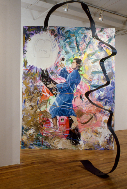 Jonathan Borofsky &quot;2,841,777 Sing&quot; 1978-83 Acrylic, polaroids on canvas, neon light, painted aluminum, stereo cassette player with tape loop 12 x 8 x 6'