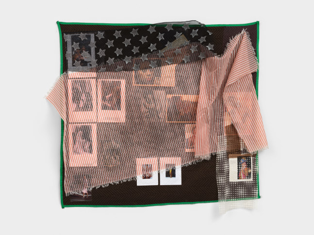 Eric N. Mack "A This-Year Girl", 2025 magazine pages, silk on moving blanket 71 x 79 in. (180.3 x 200.7 cm)