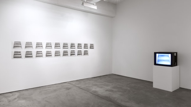 Jonathan Borofsky &quot;Giraffe/Escalator Video Animation Installation&quot; 1995 60 pencil animation drawings on paper, laser disc, laser disc player, monitor Dimensions site specific