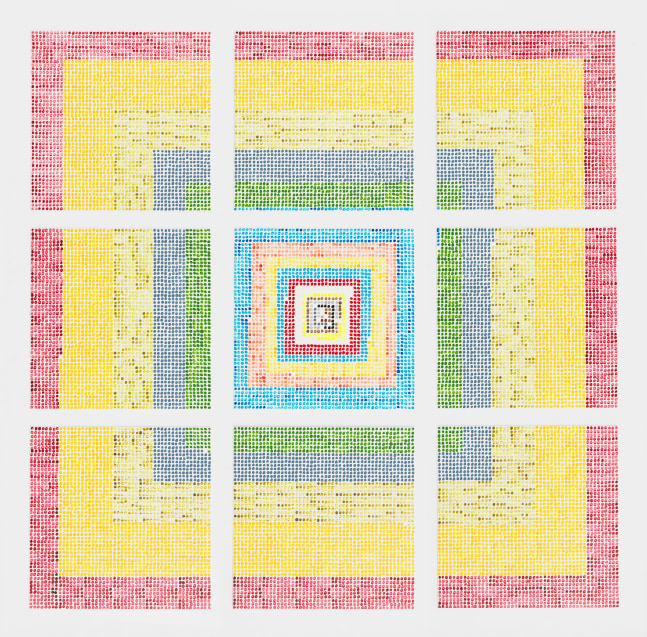 Jennifer Bartlett Fibonacci, 1-10, 2010 enamel over silkscreen grid on baked enamel, steel plates each plate: 19 5/8 x 19 5/8 in. (50 x 50 cm) overall: 63 x 63 in. (160 x 160 cm)