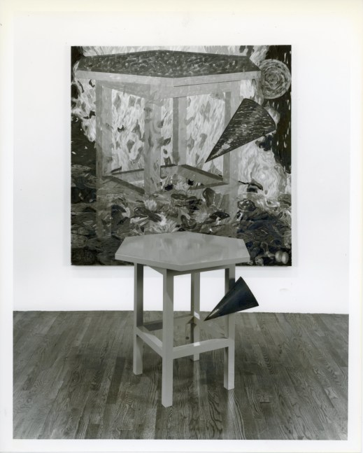 Jennifer Bartlett &quot;Waterlilies: Crude Foyer&quot; 1989 Painting: Oil on canvas 72&quot; x 72&quot; Sculpture: Painted wood and break formed and welded hot rolled steel 32 1/4&quot; x 35&quot; x 30 1/2&quot;