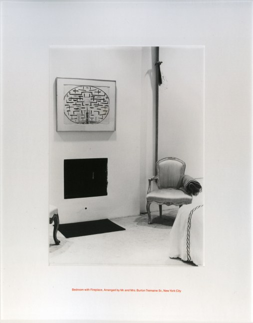 Louise Lawler "Bedroom with Fireplace, Arranged by Mr. & mrs. Burton Tremaine, Sr., New York City (After Mondrian)" 1984-89 Black and white photograph with red text embossed on mat with white painted wood frame 21 7/8 x 15 1/4 in.