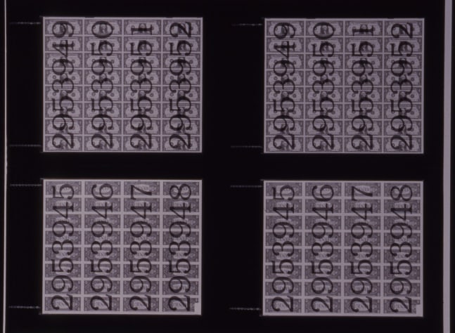 Jonathan Borofsky &quot;Numbered Money&quot; 1986 A sheet of U.S. currency encased between two sheets of plexiglass, green ink 25 1/2&quot; x 21 1/2&quot;