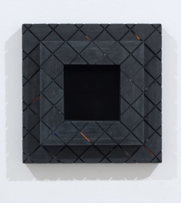 Jackie Winsor "Inset Wall Piece (mixed color cut 2" diagonal grid)" 2001-2002 stainless steel black concrete 161/2 X 16 1/2 X 7 in.  inset in wall 4" deep