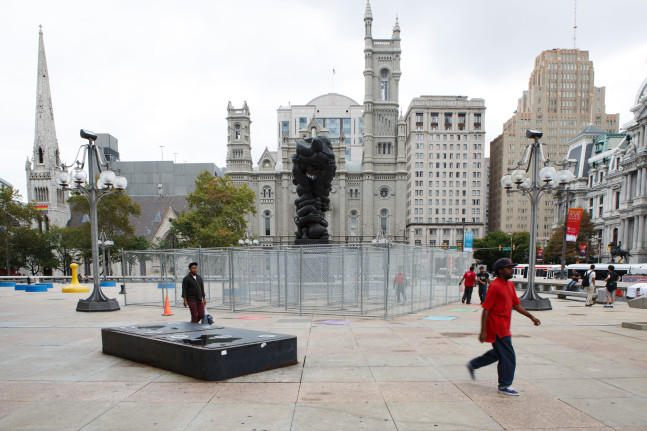 Sam Durant, Labyrinth, 2015, created by Sam Durant for the City of Philadelphia Mural Arts Program's Open Source project, steel, 96 x 480 x 480 in. (243.8 x 1219.2 x 1219.2 cm), located at 1401 JFK Boulevard on Thomas Paine Plaza across the street from City Hall, Philadelphia, PA., Photo by Steve Weinik for the City of Philadelphia Mural Arts Program.