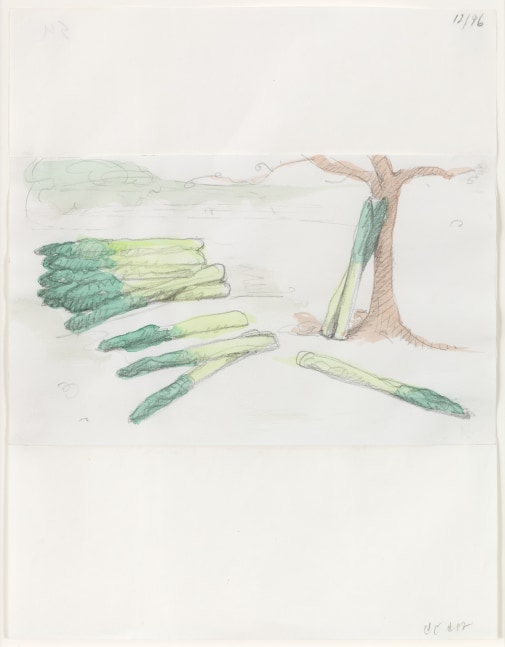 Claes Oldenburg &amp; Coosje van Bruggen Notebook Page: Giant Asparagus in Landscape, 1996 pencil and watercolor 5 1/16 x 8 1/2 in. (12.9 x 21.6 cm) sheet: 11 x 8 1/2 in. (27.9 x 21.6 cm)