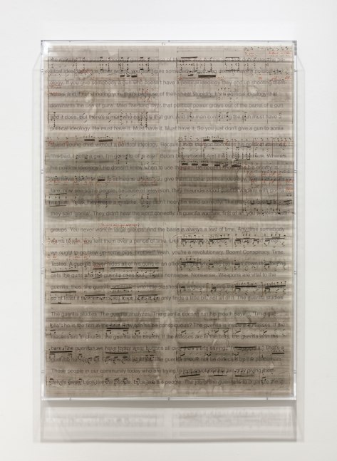 Charles Gaines Librettos: Manuel de Falla/Stokely Carmichael, #18, 2016 Printed ink stained paper and lightjet on acrylic 66 x 47 x 3 1/2 in. (167.6 x 119.4 x 8.9 cm)