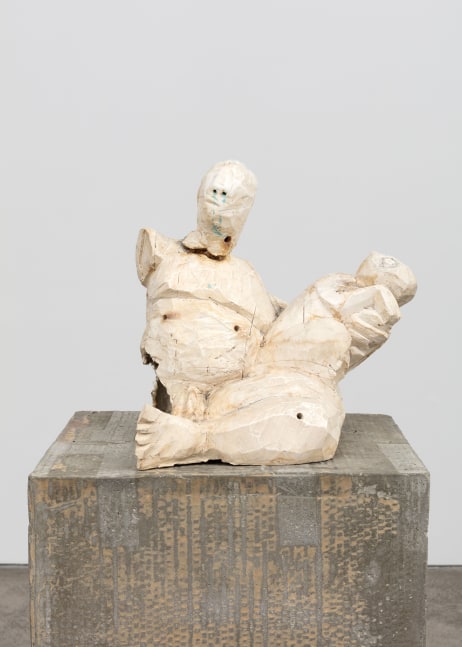Justin Matherly Untitled (Fear, Anxiety and Joy), 2016 Modified gypsum, spray paint, epoxy, concrete, ambulatory equipment, cigarettes figure: 15 x 16 x 13 in. (38.1 x 40.6 x 33 cm); base: 39 1/4 x 19 1/4 x 16 1/2 in. (99.7 x 48.9 x 41.9 cm); sculpture: 54 1/2 x 55 1/4 x 29 1/2 in. (138.4 x 140.3 x 74.9 cm)
